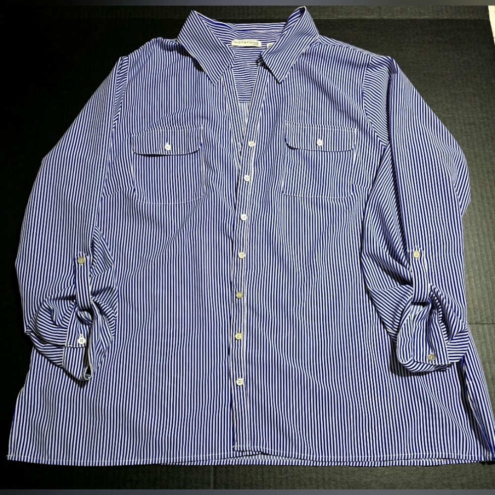 Notations Blue Striped Button Up Blouse 3X In Excellent Condition Career Staple